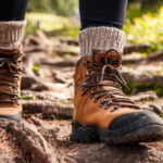 Hiking boot. Legs on mountain trail during trekking in forest. Leather ankle shoes